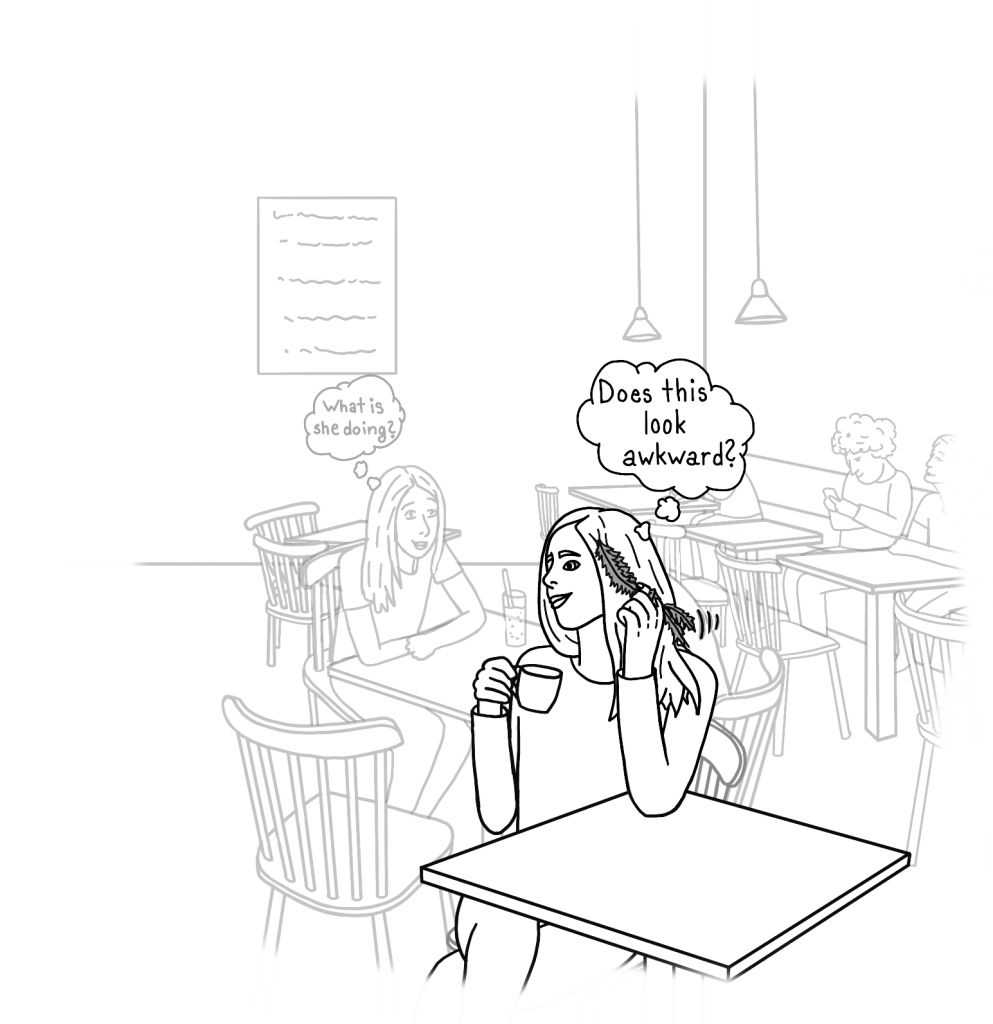 Sketch of a women sitting in a café, twirling her hair interface. She wonders if this looks awkward.